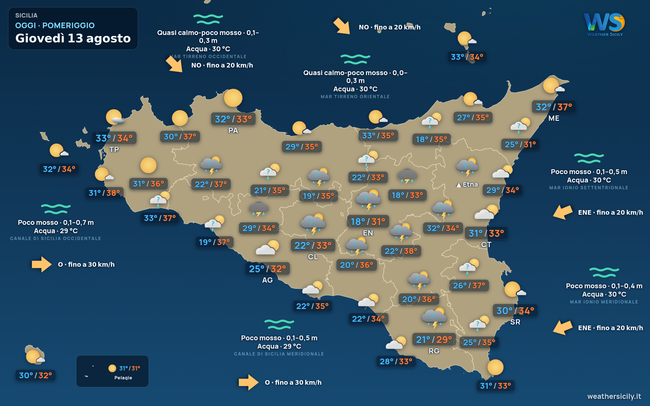 Mappa previsioni Sicilia Oggi Pomeriggio
