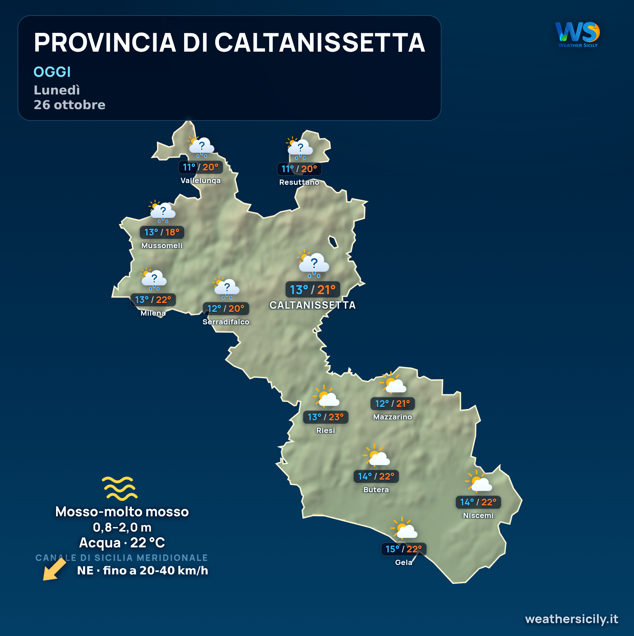 Previsioni provincia di Caltanissetta — lunedì 26 ottobre