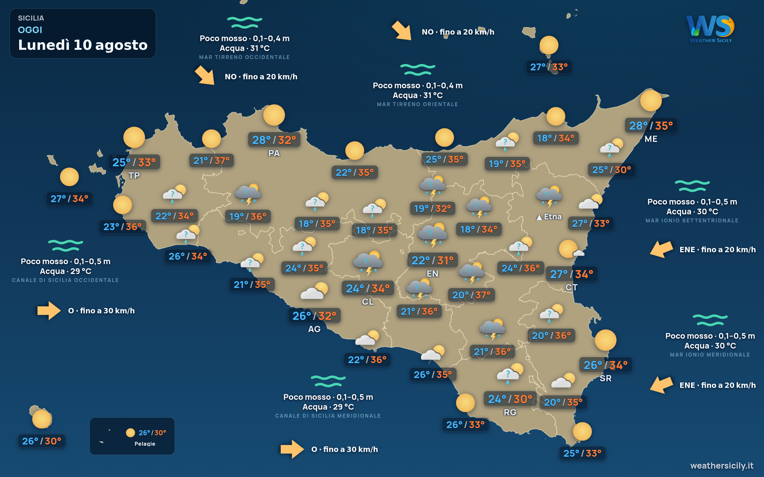 Previsioni meteo della Sicilia di oggi