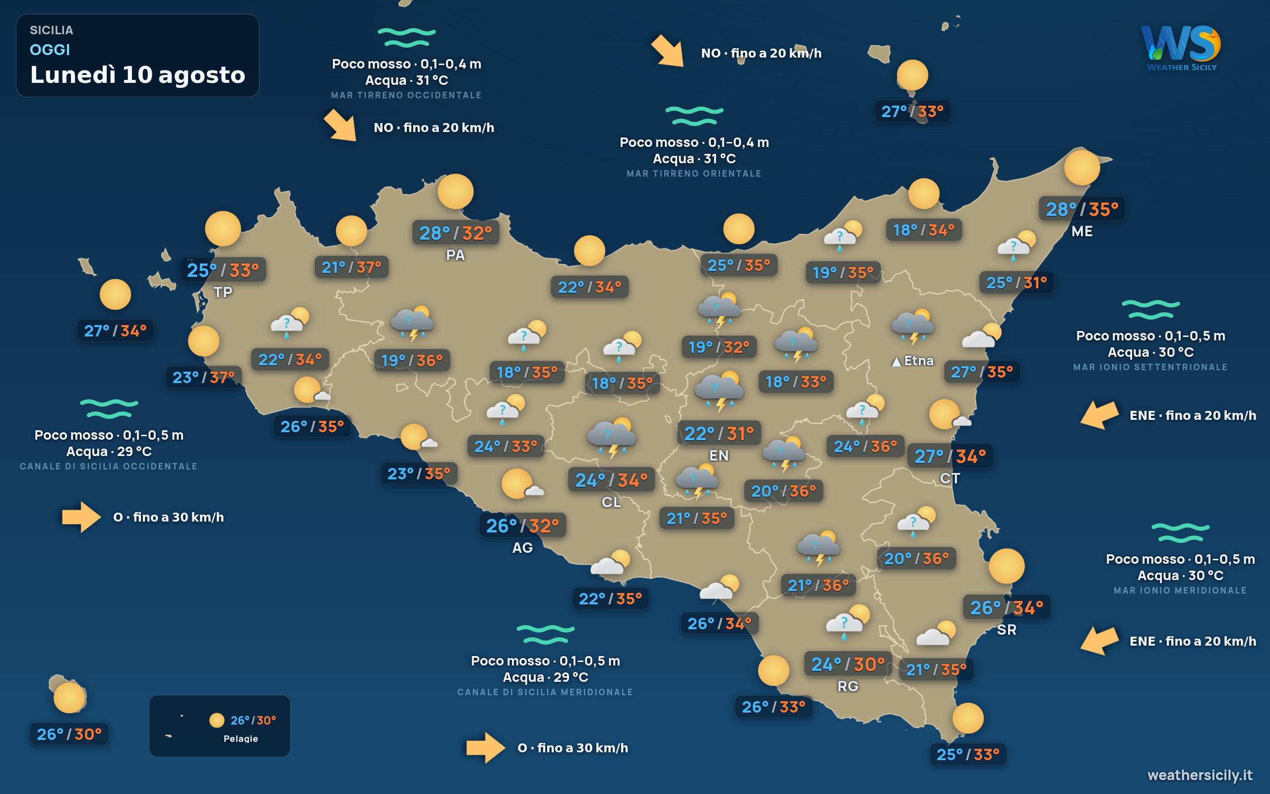 Previsioni meteo della Sicilia di oggi
